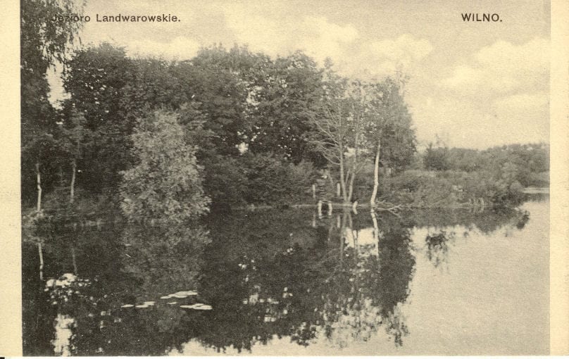 Historic Postcard of Lentvaris Lake Sepia postcard of a wooded lakeshore with trees mirrored in still water, captioned Landwarowskie lake, Wilno