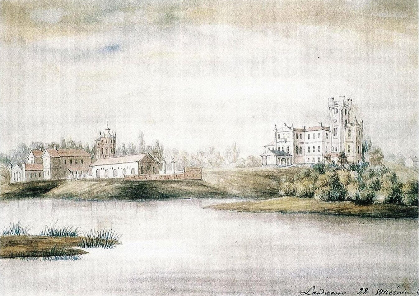 Lentvaris Manor Before Reconstruction Watercolour of a lakeside manor with castellated tower, chapel and outbuildings on wooded banks
