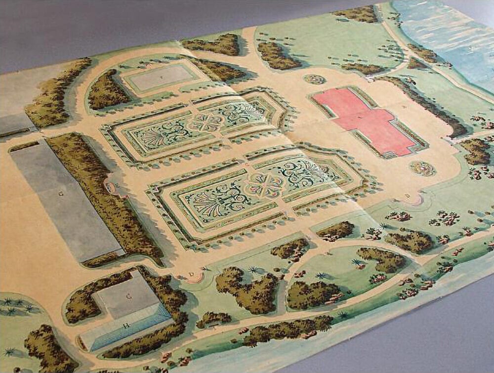 Historic Landscape Plan of the Manor Park Hand-coloured landscape plan showing formal parterres, tree belts, paths, ponds and a cross-shaped building