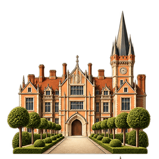 University Membership Tiers Overview Symmetrical red brick collegiate building with clock tower, spire, gables and tree-lined entrance path