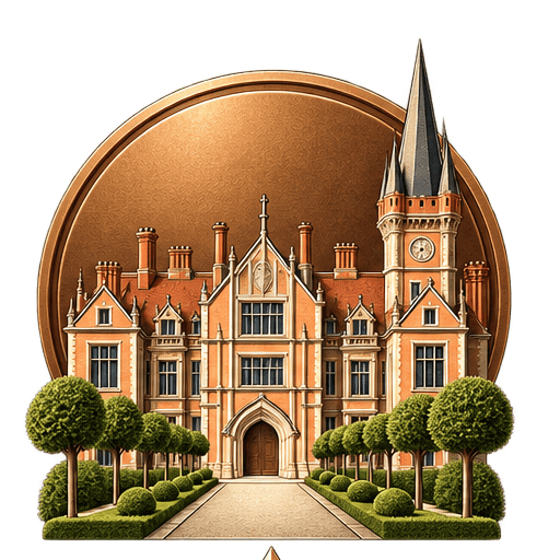 Bronze University Membership Badge Illustrated Gothic Revival university building with clock tower, trees and pathway inside a bronze circular badge