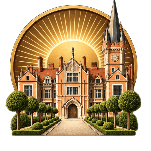 Mind University Membership Tiers Illustrated red-brick Victorian university building with clock tower, tree-lined path and golden sunburst behind