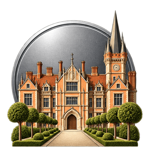 Silver University Membership Tier Illustrated red-brick collegiate building with clock tower and trees inside a silver circular badge