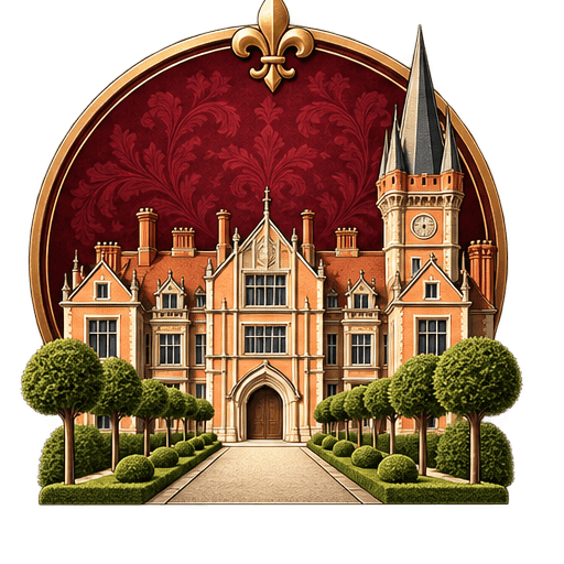 Mind University Membership Tiers Illustrated Gothic Revival manor with clock tower, tree-lined drive, framed by crimson arch and gold fleur-de-lis